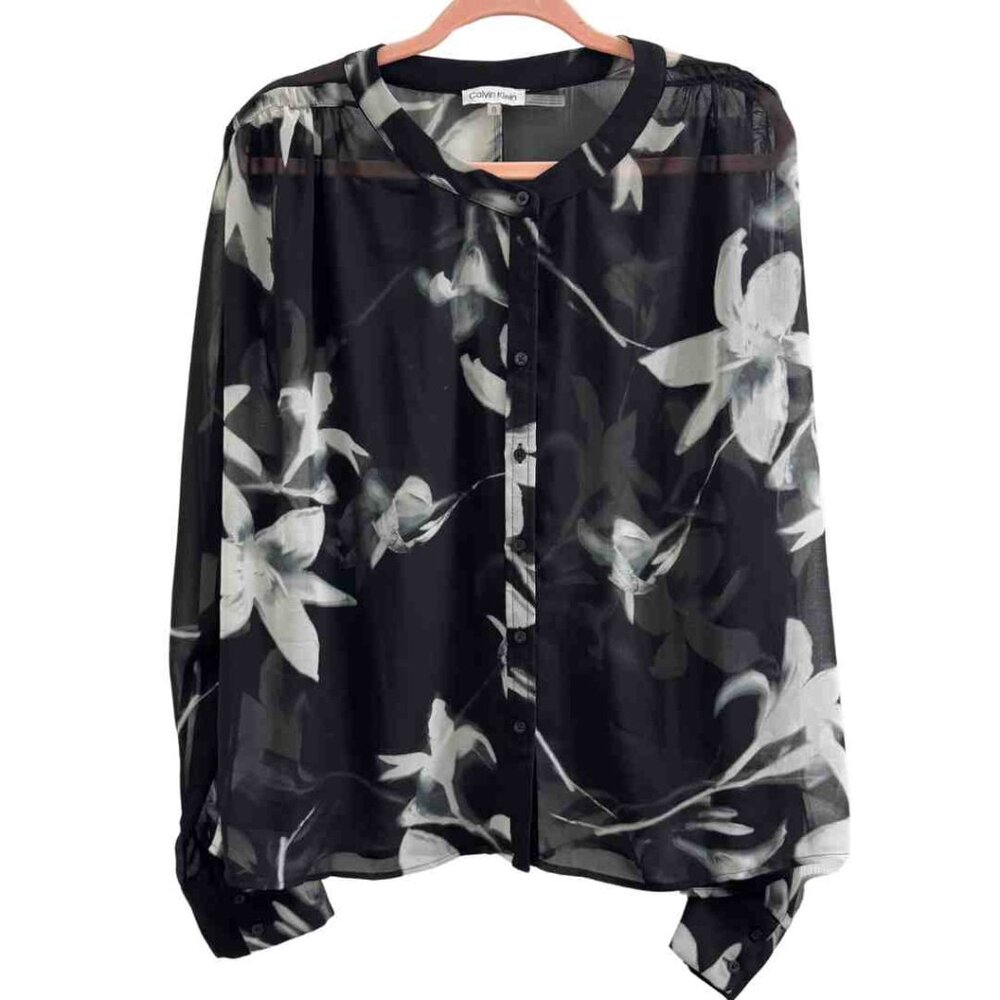 Calvin Klein Sheer Black Floral Blouse, NWOT, Sz. XL